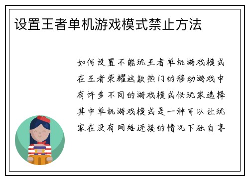 设置王者单机游戏模式禁止方法