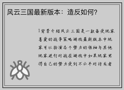风云三国最新版本：造反如何？