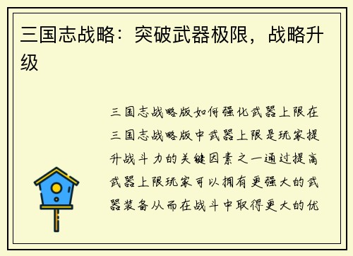 三国志战略：突破武器极限，战略升级