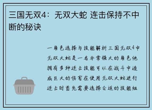 三国无双4：无双大蛇 连击保持不中断的秘诀