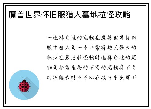 魔兽世界怀旧服猎人墓地拉怪攻略